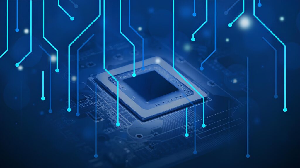 Processador sobre placa-mãe com trilhas de circuito iluminadas